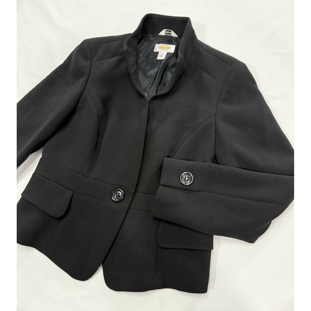 Talbots Petites Black Stretch Blazer Stand Collar Single Button Jacket Size 8P